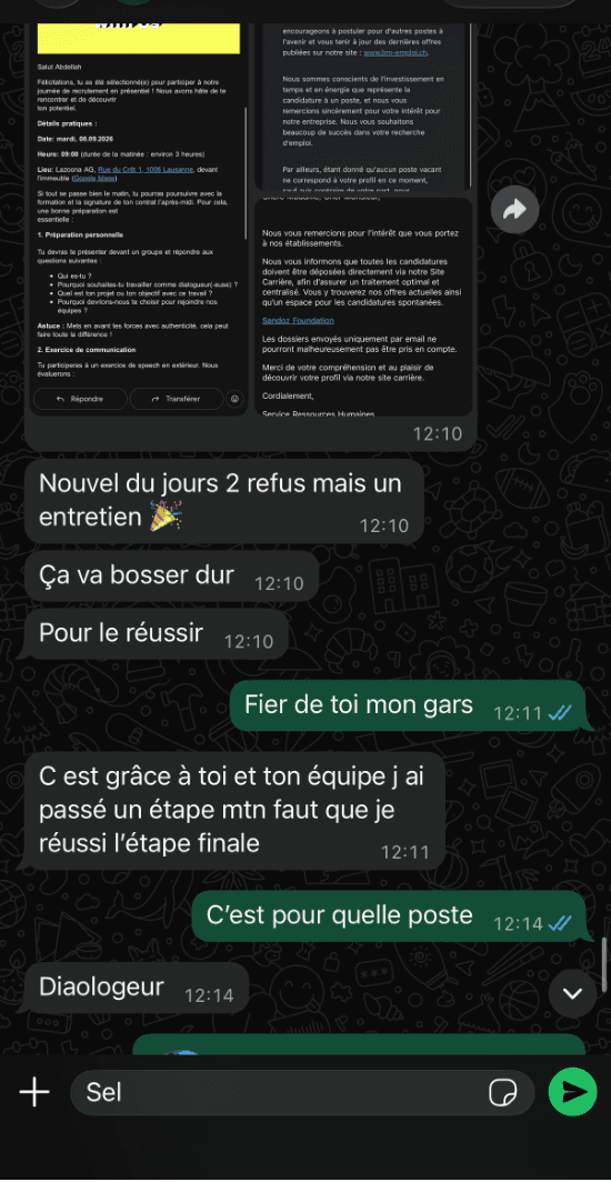 Message d'un membre annonçant un entretien décroché