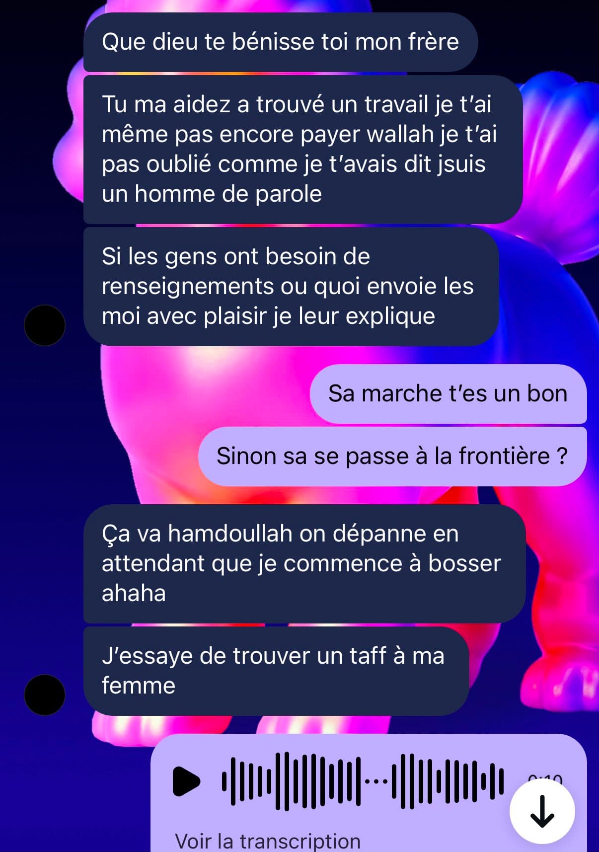 Message d'un membre remerciant après avoir trouvé un travail