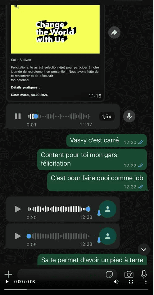 Message d'un membre sélectionné pour une journée de recrutement à Lausanne